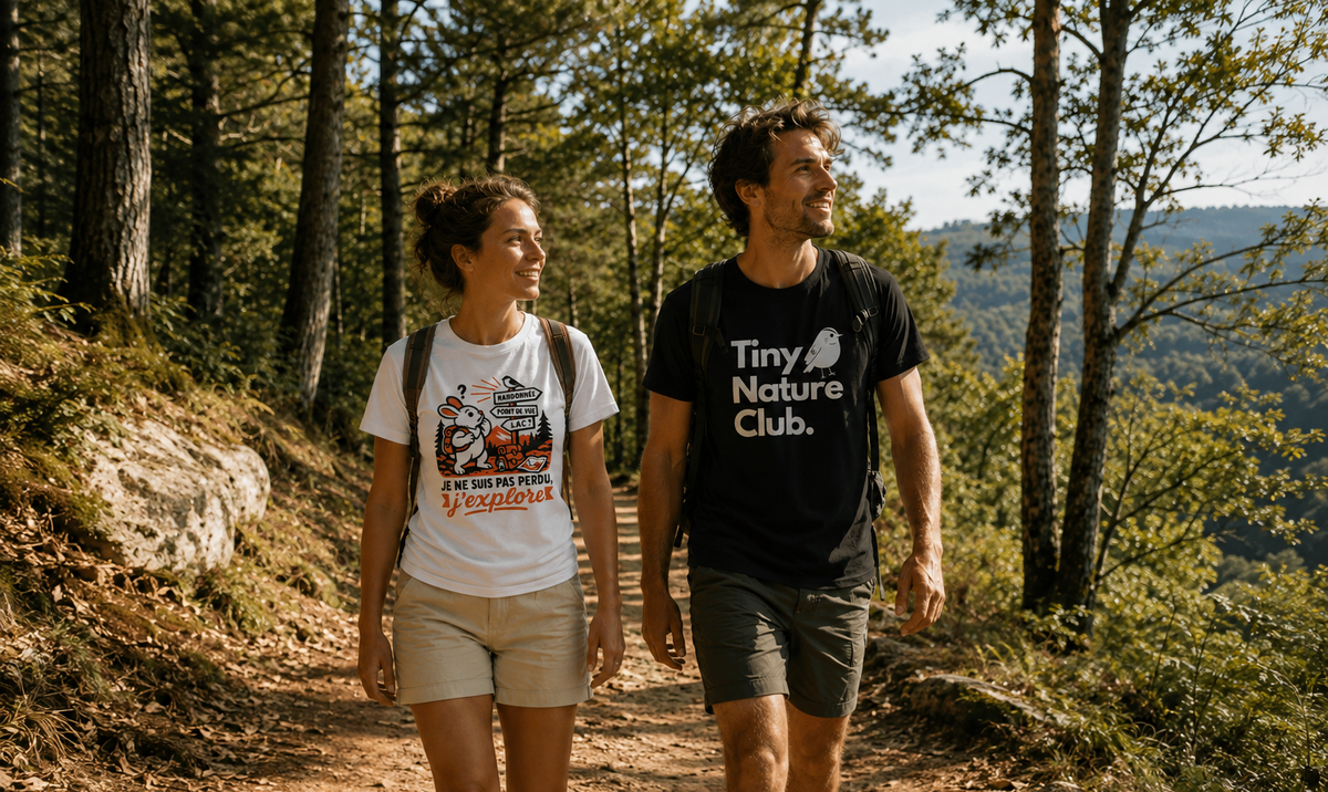 A man and a woman hiking on a forest path, wearing graphic t-shirts. The man wears a black t-shirt with 'Tiny Nature Club.